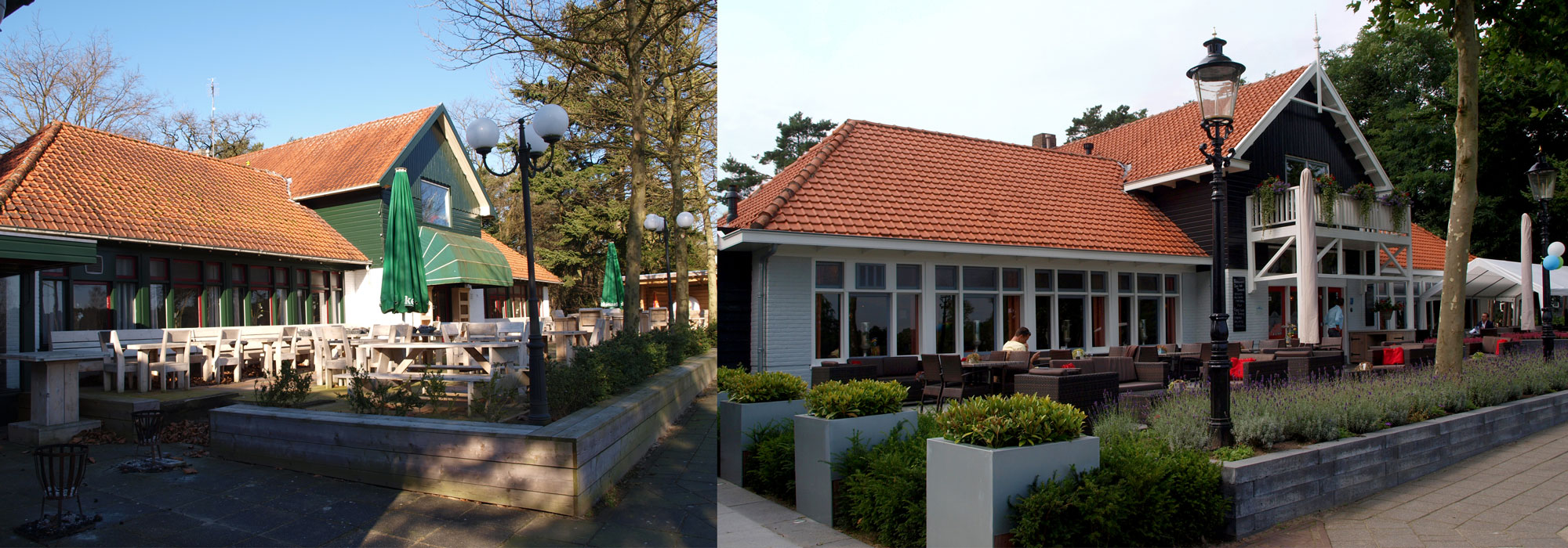 Restaurant en terras vóór en na de verbouwing